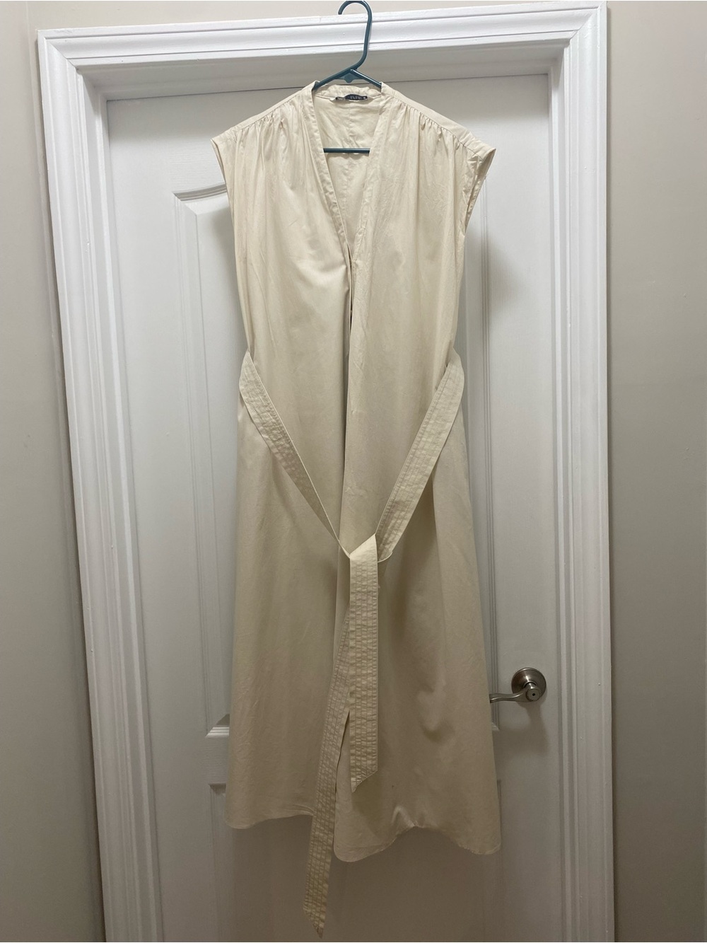 Zara 100% Cotton Sleeveless Cream Tie-Waist Lined Maxi Dress XS